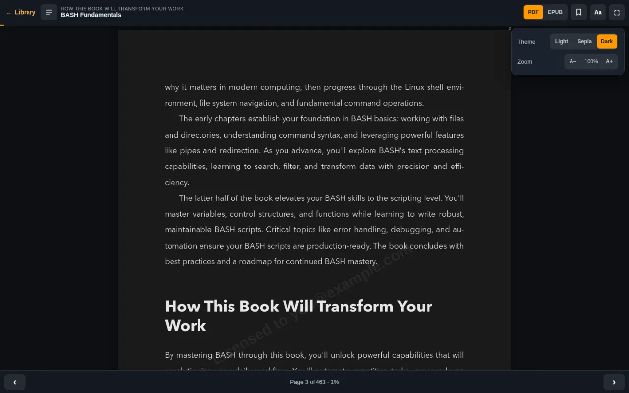 A PDF page in dark mode with the theme and zoom settings open