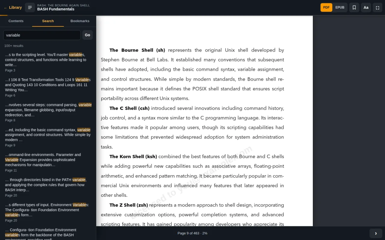 Search results for the word variable, each with a short excerpt and page number