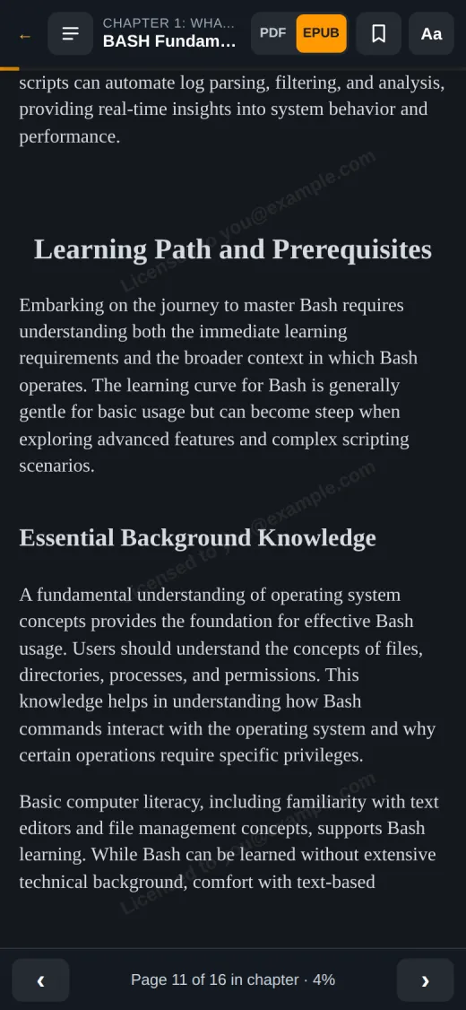 The same book as EPUB on a phone in dark mode