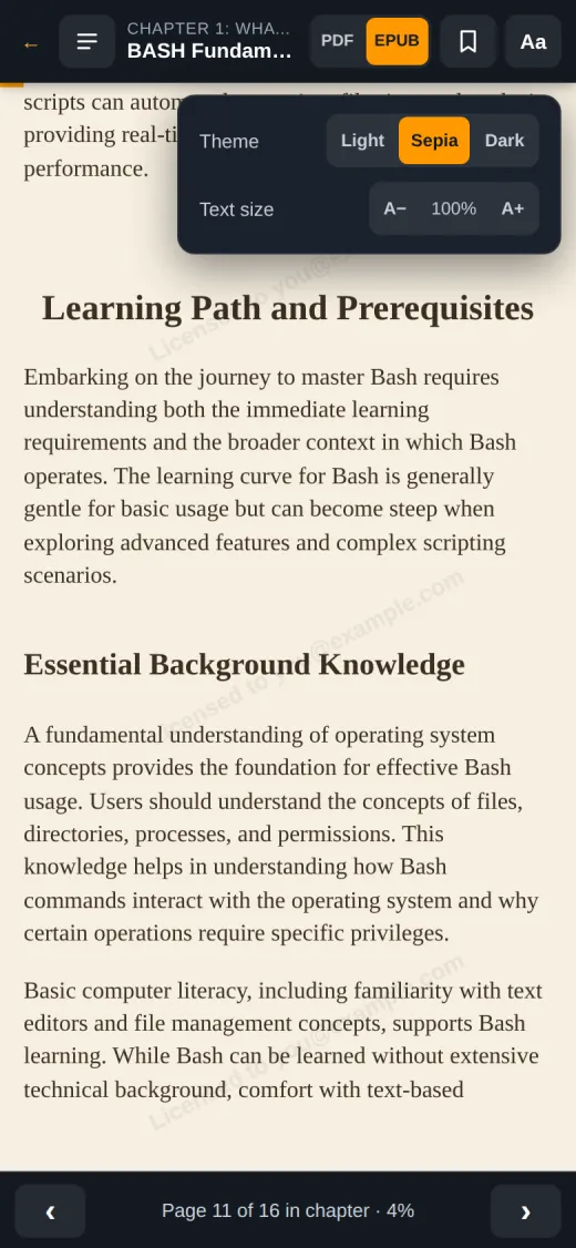 EPUB on a phone in sepia with the text size controls open