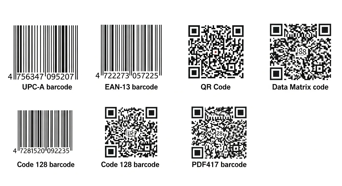 Visual comparison of major barcode types: UPC-A, EAN-13, Code 128, QR Code, Data Matrix, PDF417