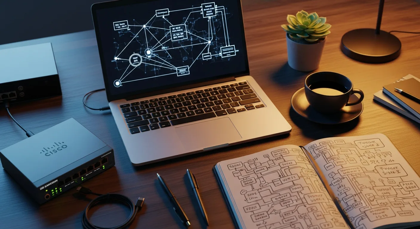 Study desk with laptop showing a network diagram, notebook with subnet sketches, and a network switch