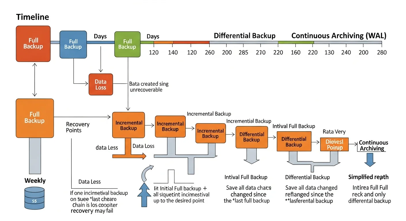 Comparison of database backup types: full, incremental, differential, and continuous archiving with timeline visualization