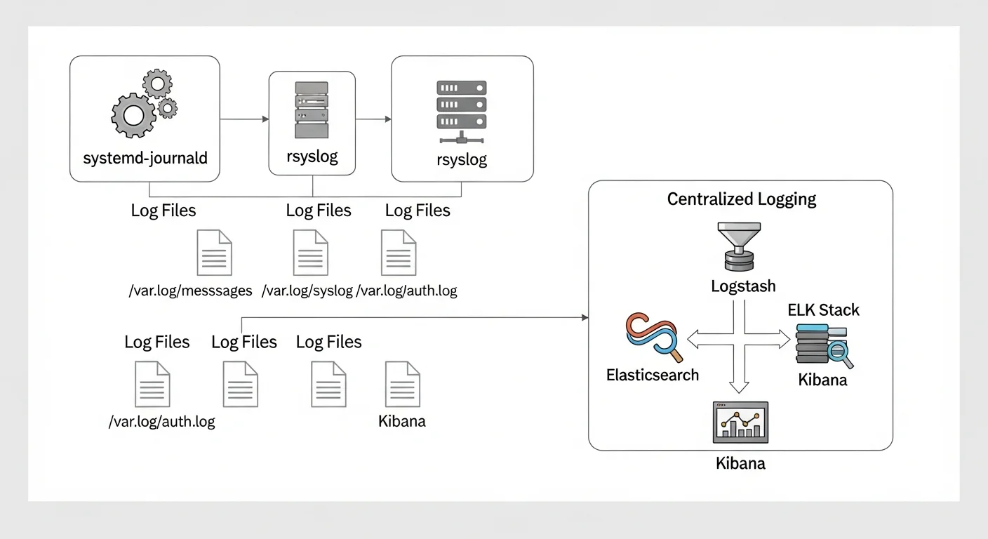Linux logging architecture diagram showing systemd-journald, rsyslog, log files, and centralized logging flow