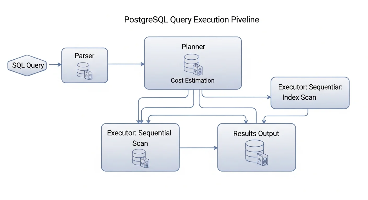 PostgreSQL query execution pipeline: parser, planner with cost estimation, executor with scan strategies, and results output