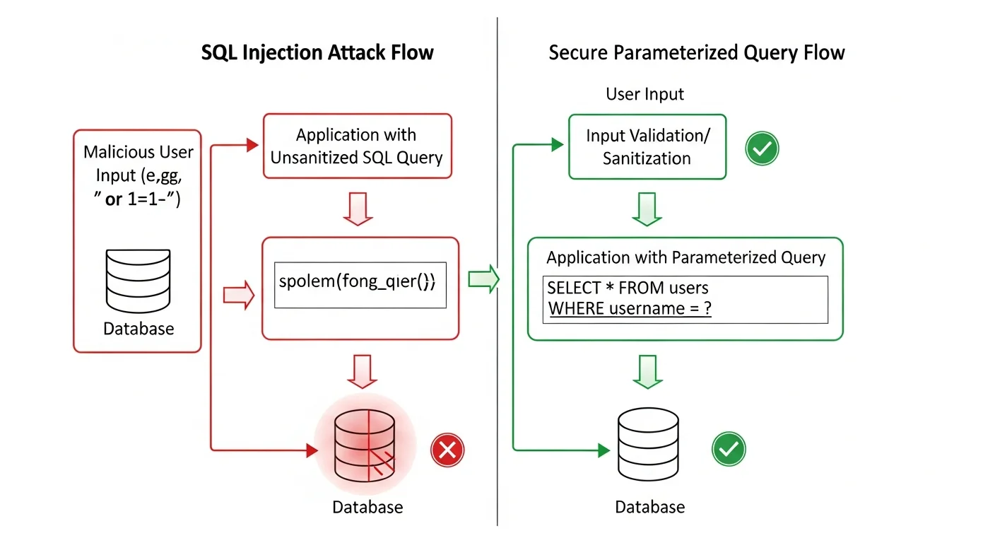Diagram comparing SQL injection attack flow through unsanitized input versus secure parameterized query blocking the attack