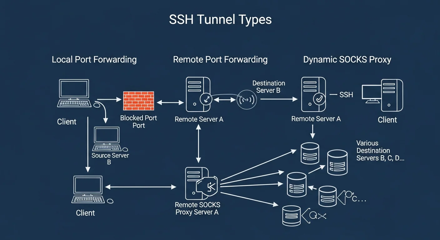 Diagram showing three SSH tunnel types: local port forwarding, remote port forwarding, and dynamic SOCKS proxy