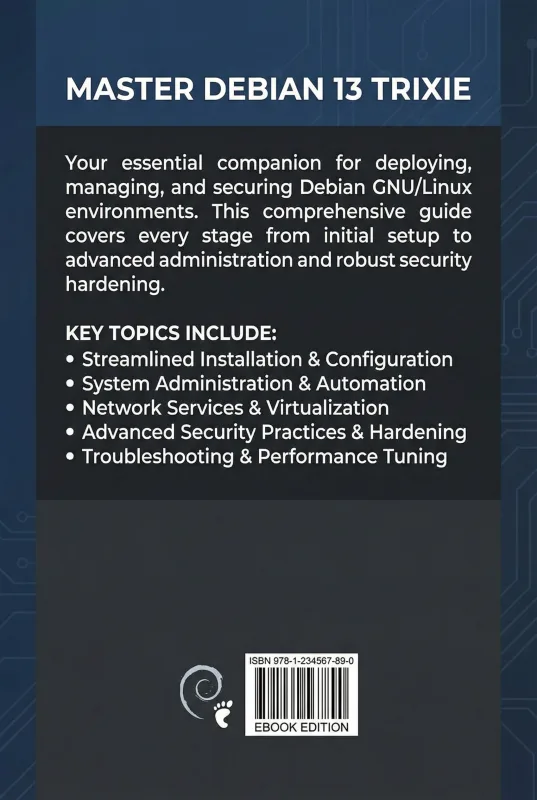 Debian 13 Complete Guide: Installation, Administration & Security ebook back cover