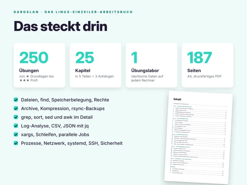 Einblick ins Linux-Arbeitsbuch: 250 Übungen, 25 Kapitel, 187 Seiten und praktische Lösungen