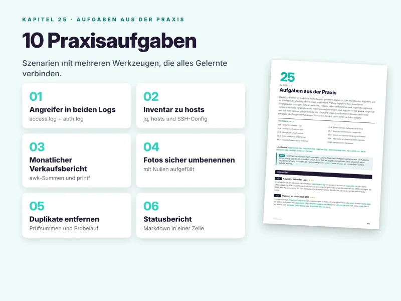 Zehn praktische Linux-Aufgaben zu Logdateien, Netzwerk, Dateien, Duplikaten und Systemadministration