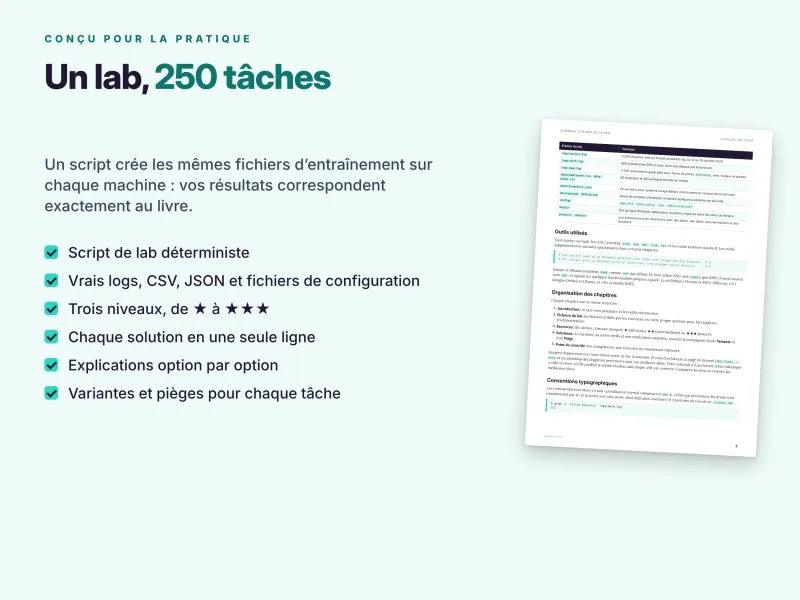 Lab Linux avec 250 tâches pratiques, scripts de préparation et exercices de difficulté progressive