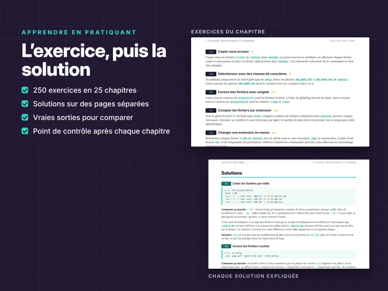 Cahier d’exercices Linux avec solutions détaillées, explications et points de contrôle pour chaque chapitre