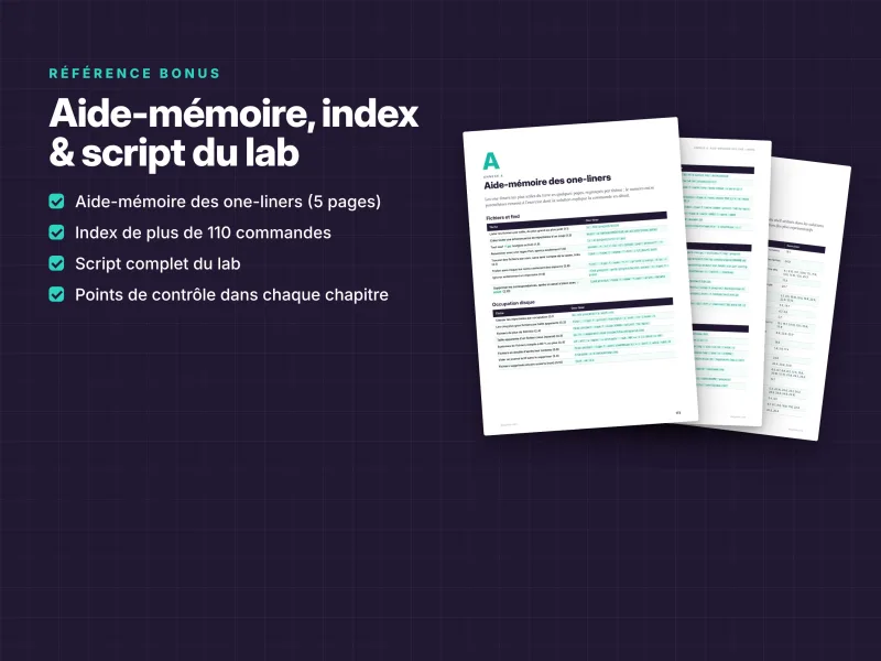 Aide-mémoire Linux avec index de commandes, scripts de laboratoire et références pour le terminal