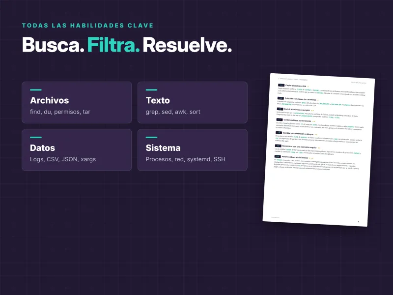 Aprende la terminal Linux: buscar archivos, filtrar texto, procesar datos y administrar sistemas