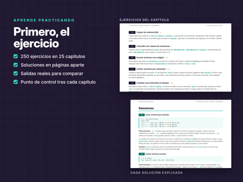 Ejercicios de Linux con soluciones explicadas, ejemplos de comandos y actividades por capítulo
