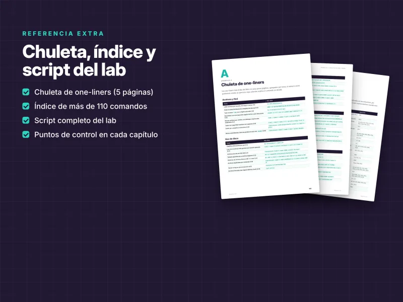 Chuleta de comandos Linux con índice de más de 110 comandos y scripts de laboratorio