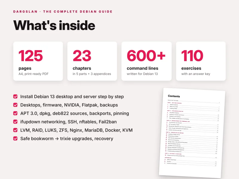 Inside The Complete Debian Guide: 125 pages, 23 chapters, 600+ command lines and 110 practical exercises
