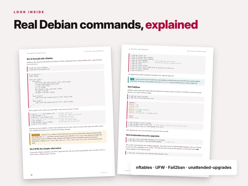 Real Debian Linux terminal commands explained with practical examples of nftables, UFW, Fail2Ban and unattended upgrades