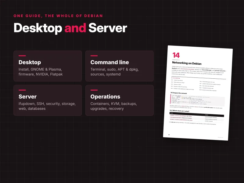 Debian 13 desktop and server administration guide covering GNOME, KDE Plasma, networking, security and virtualization