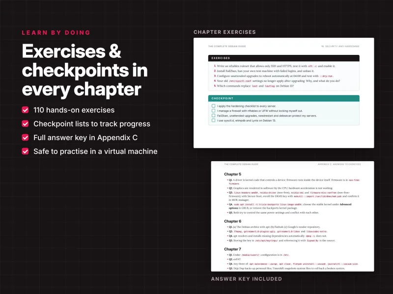 Debian Linux hands-on exercises with chapter checkpoints, practical tasks and answer keys for self-study