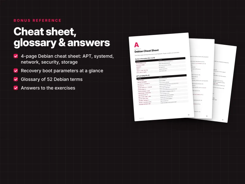 Debian Linux command cheat sheet, glossary, recovery commands and practical exercise answers