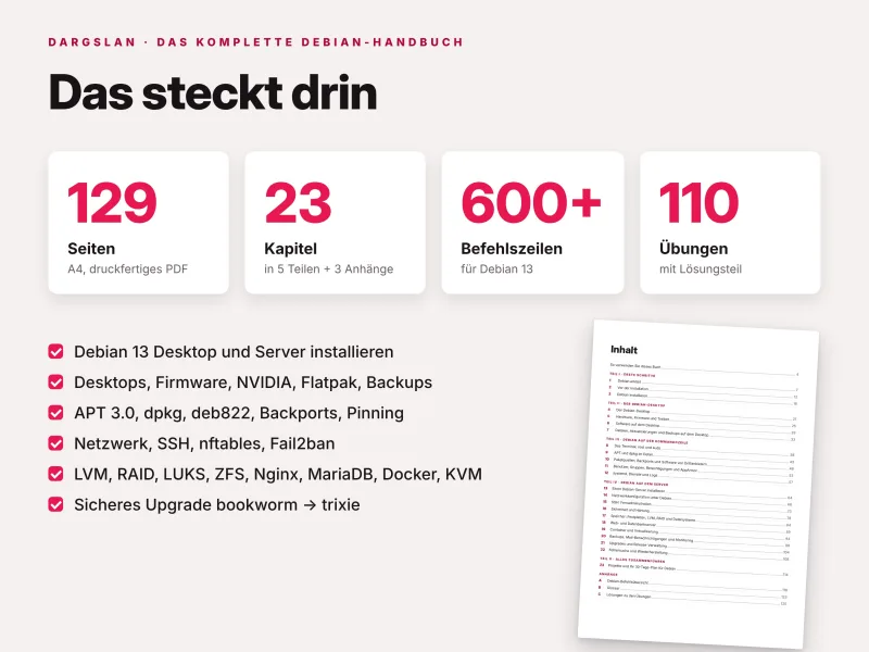 Inhalt des Debian-Handbuchs mit 129 Seiten, 23 Kapiteln, über 600 Befehlszeilen und 110 Übungen