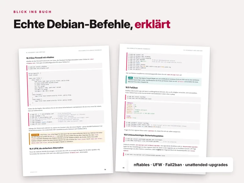 Debian Terminal-Befehle mit Beispielen zu nftables, UFW, Fail2Ban und automatischen Sicherheitsupdates
