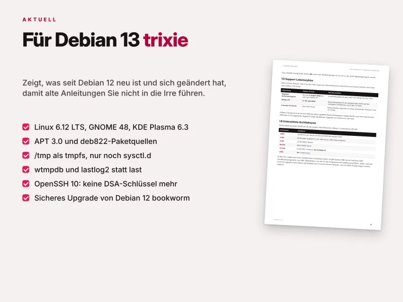 Debian 13 Trixie Neuerungen mit Linux Kernel 6.12 LTS, APT 3.0, systemd und aktualisierten Desktop-Umgebungen