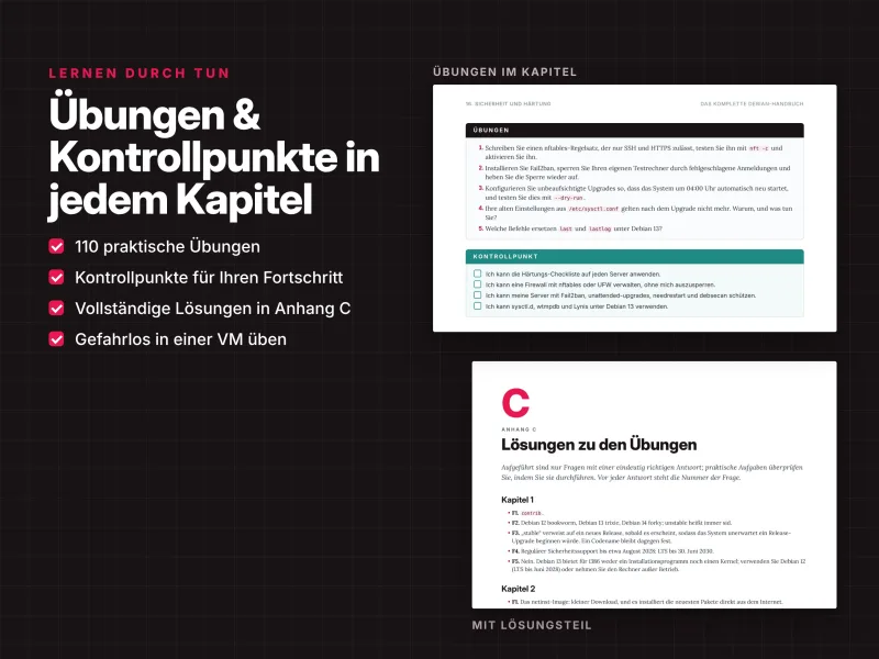 Debian Linux Praxisübungen mit Kontrollpunkten, Lösungen und Aufgaben für jedes Kapitel