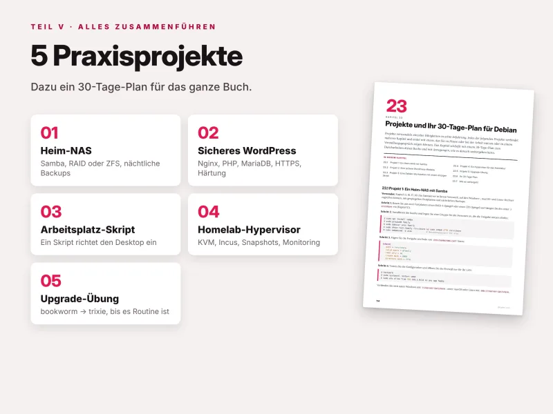 Fünf Debian Praxisprojekte: Home-NAS, WordPress-Server, Arbeitsplatz-Skript, KVM und Systemupgrade