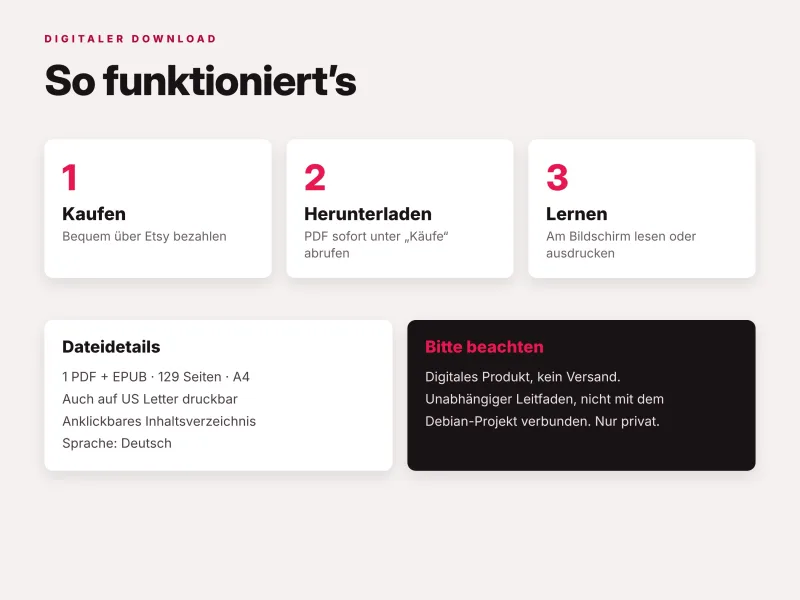 Digitales Debian 13 Handbuch als PDF mit Sofort-Download zum Lernen und Nachschlagen