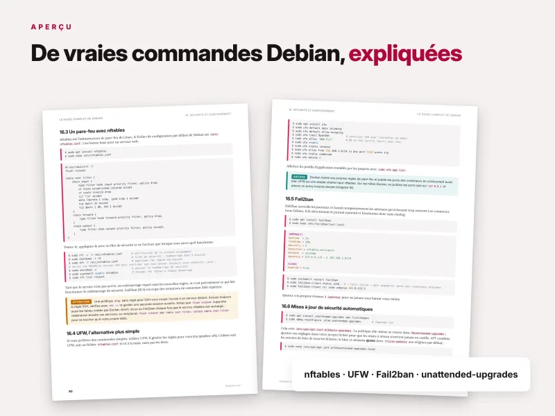 Exemples de commandes Debian expliquées : nftables, UFW, Fail2Ban et mises à jour de sécurité automatiques