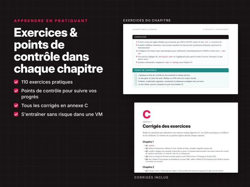 Exercices pratiques Debian avec points de contrôle, corrigés détaillés et activités dans chaque chapitre