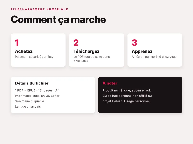 Guide numérique Debian 13 en PDF et EPUB avec téléchargement immédiat et tutoriels Linux en français