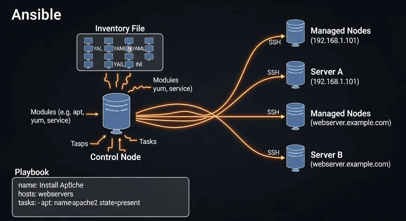 Ansible architecture showing control node connecting to managed nodes via SSH with inventory and playbooks