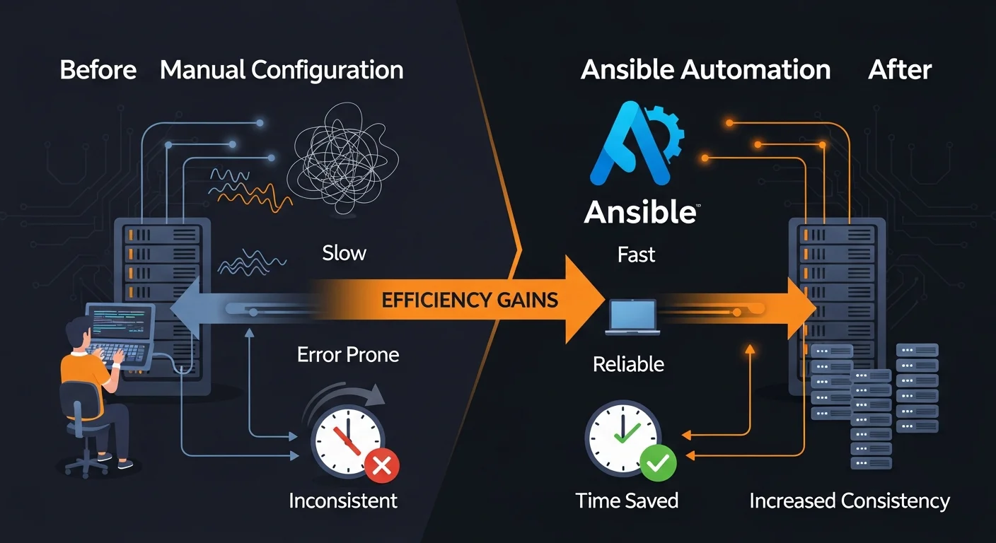Comparison between manual server configuration and Ansible automated configuration showing time saved