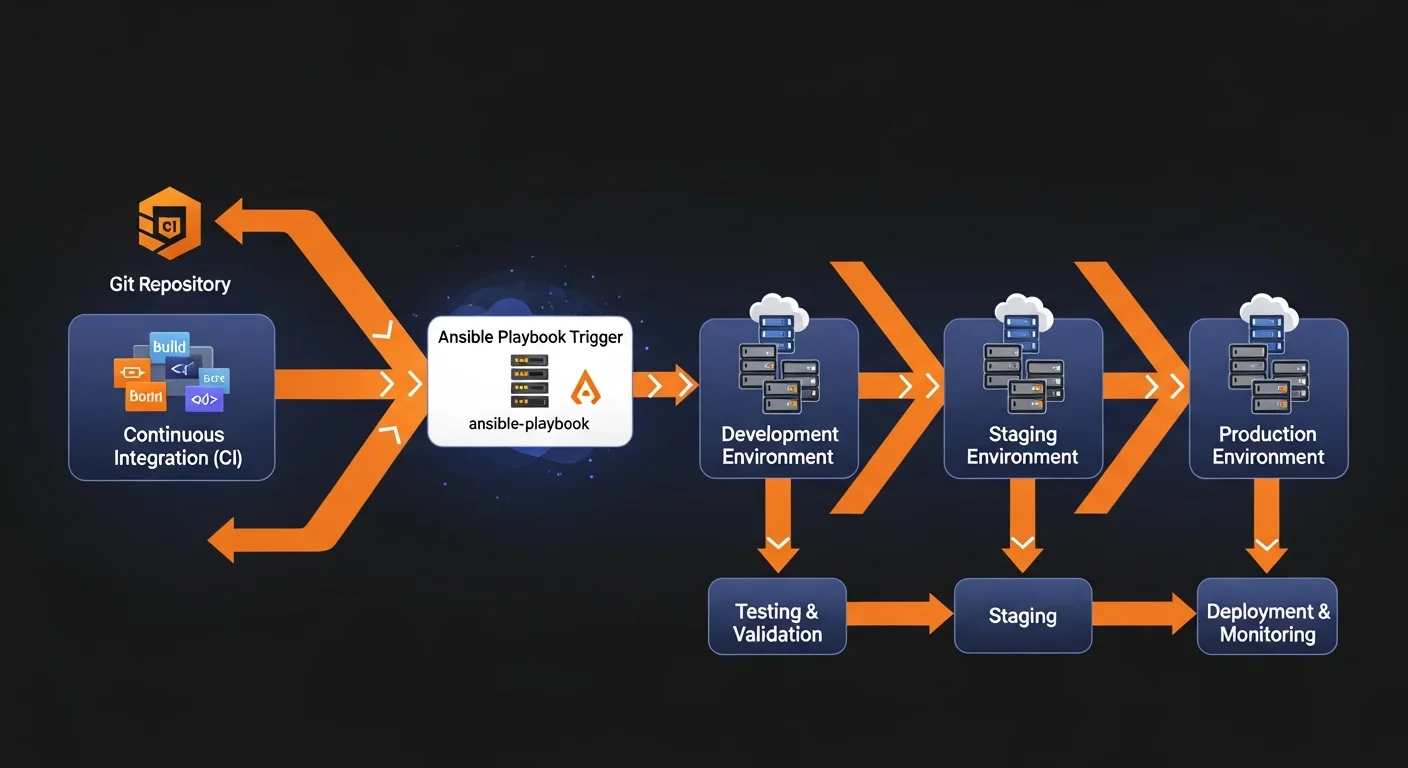 Ansible CI/CD pipeline integration showing Git triggering playbooks for deployment