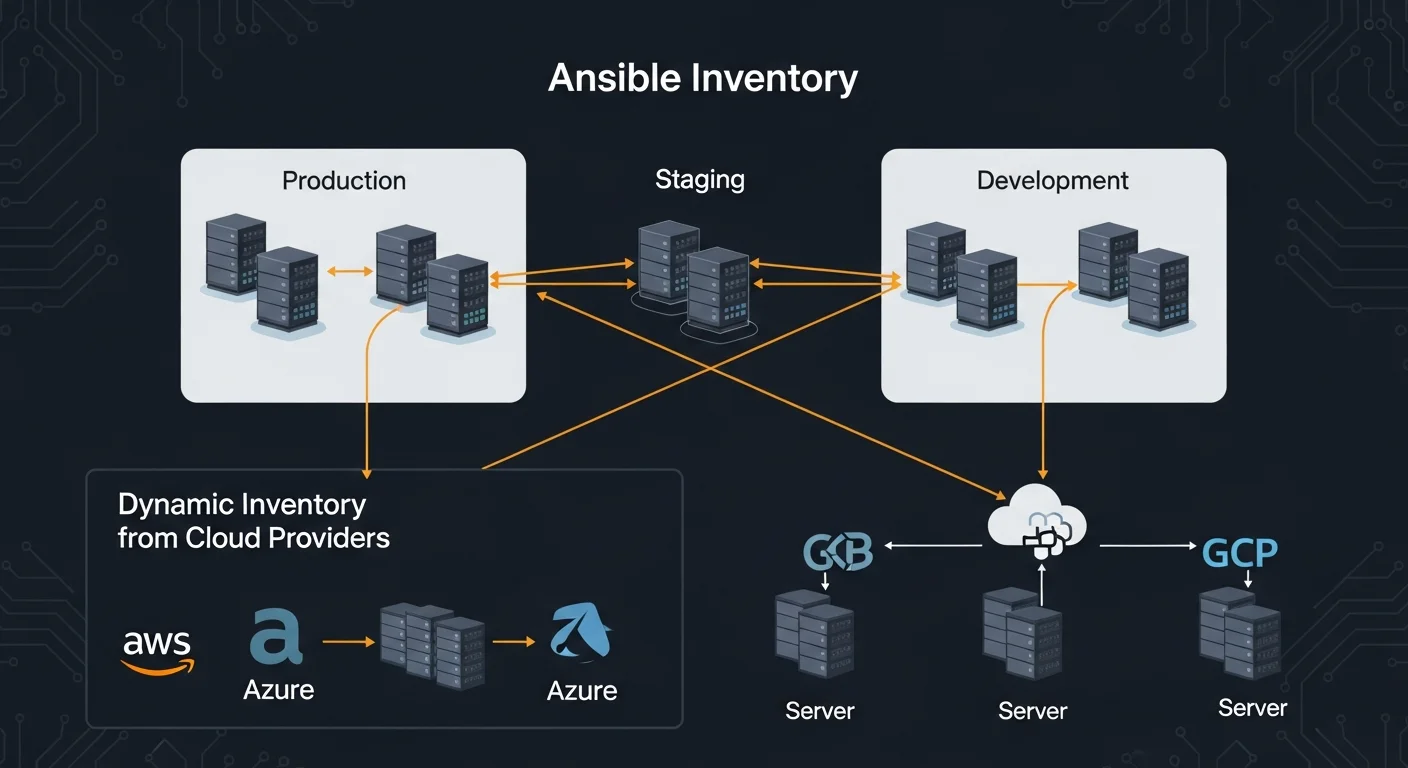 Ansible inventory management showing groups of servers organized by environment