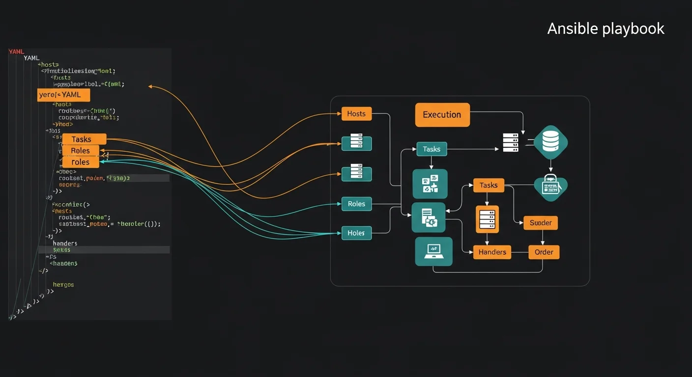 Ansible playbook structure showing YAML code flowing into server configurations