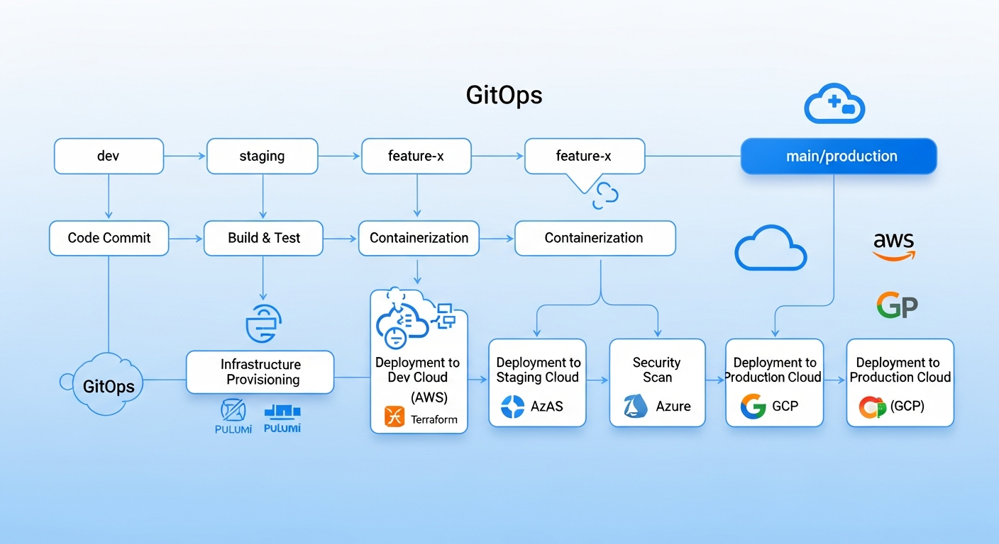 CI/CD pipeline visualization showing automated infrastructure deployment across multiple cloud environments