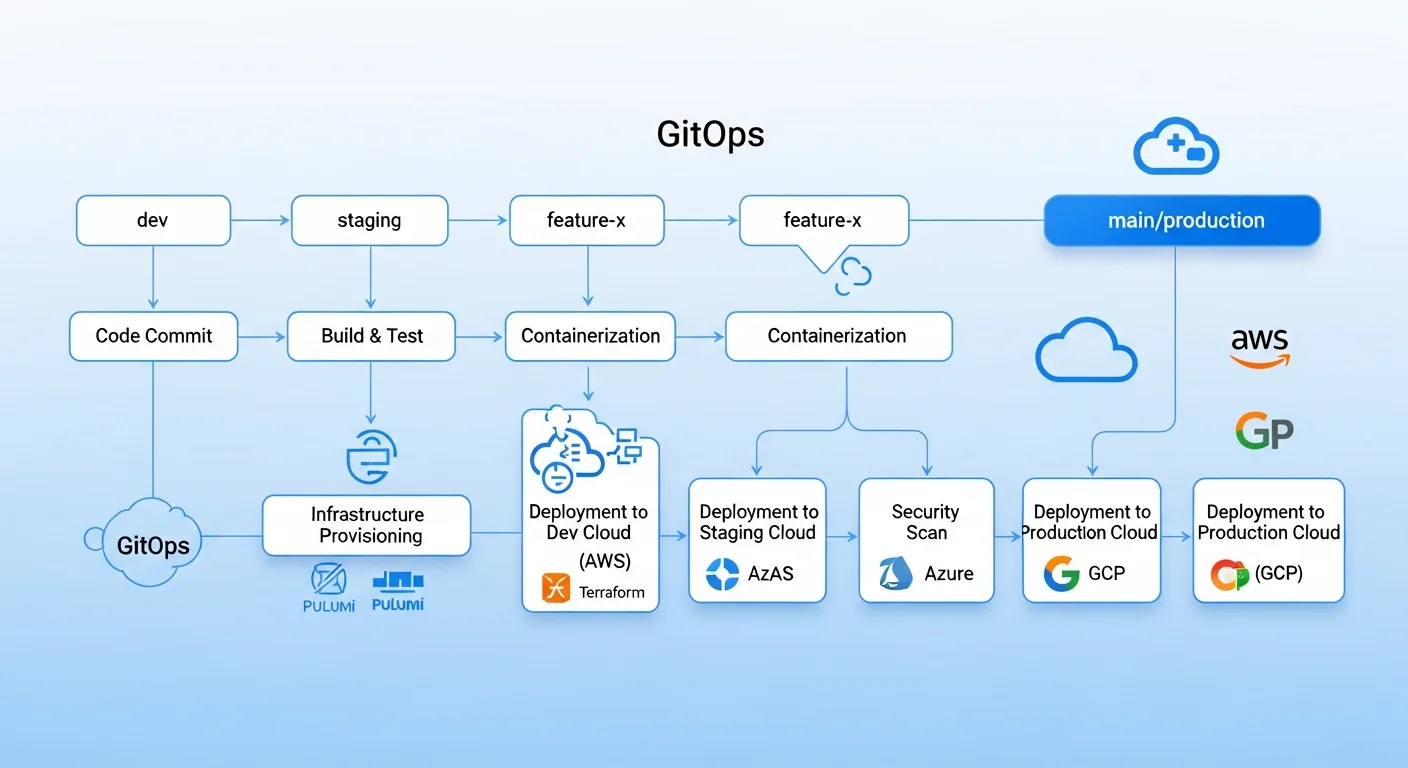 CI/CD pipeline visualization showing automated infrastructure deployment across multiple cloud environments
