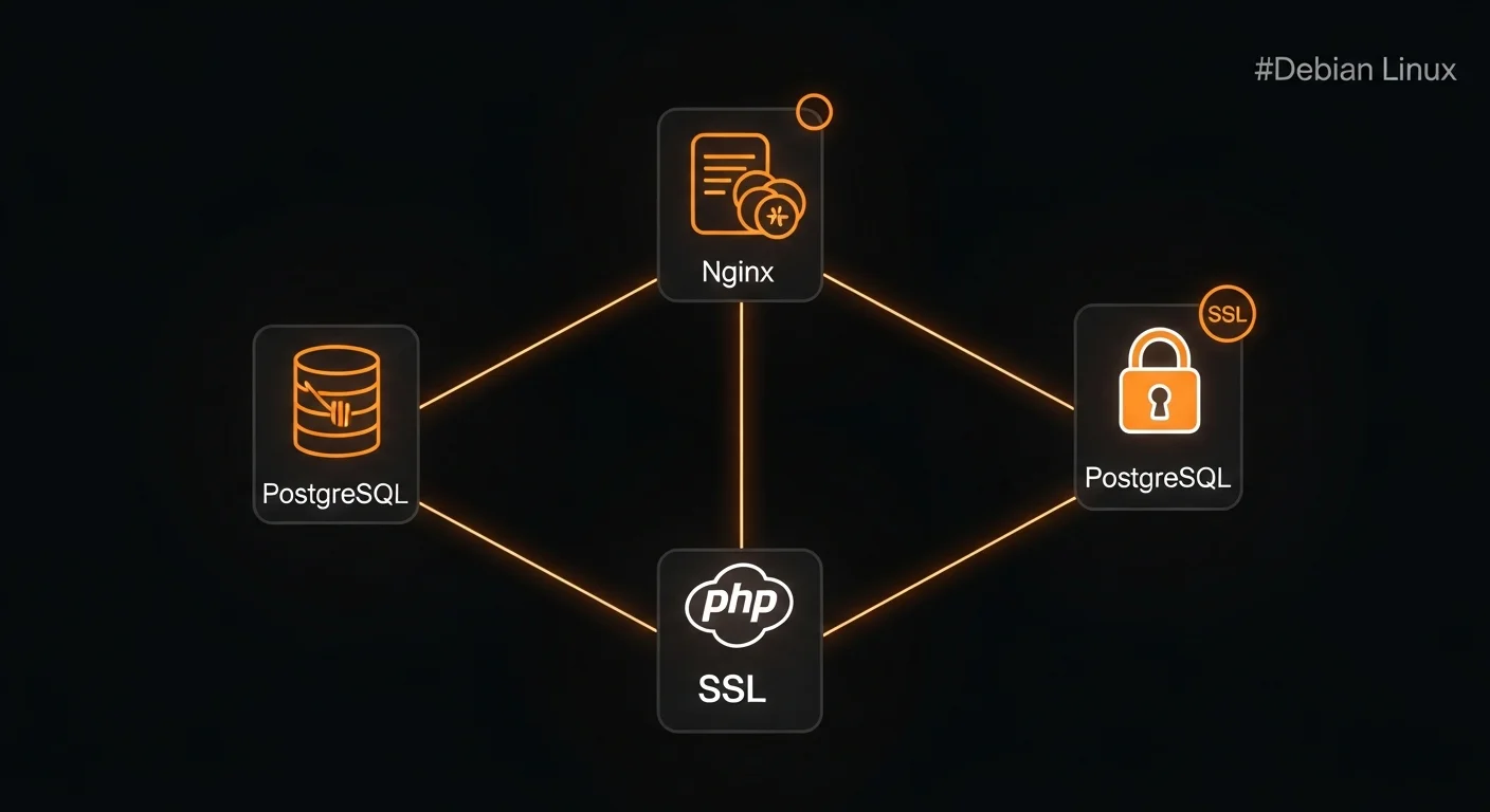 Debian web server stack showing Nginx, PostgreSQL, PHP architecture