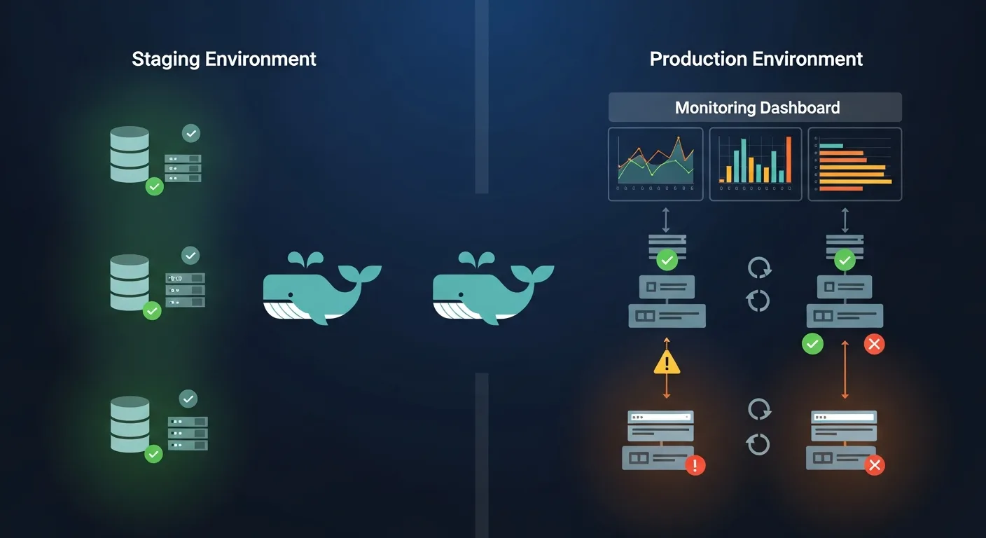 Docker Compose production deployment with staging and monitoring