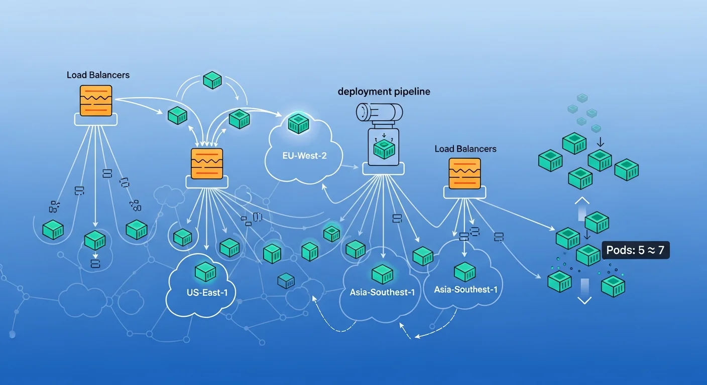 Cloud infrastructure visualization showing containers deployed across multiple regions with auto-scaling