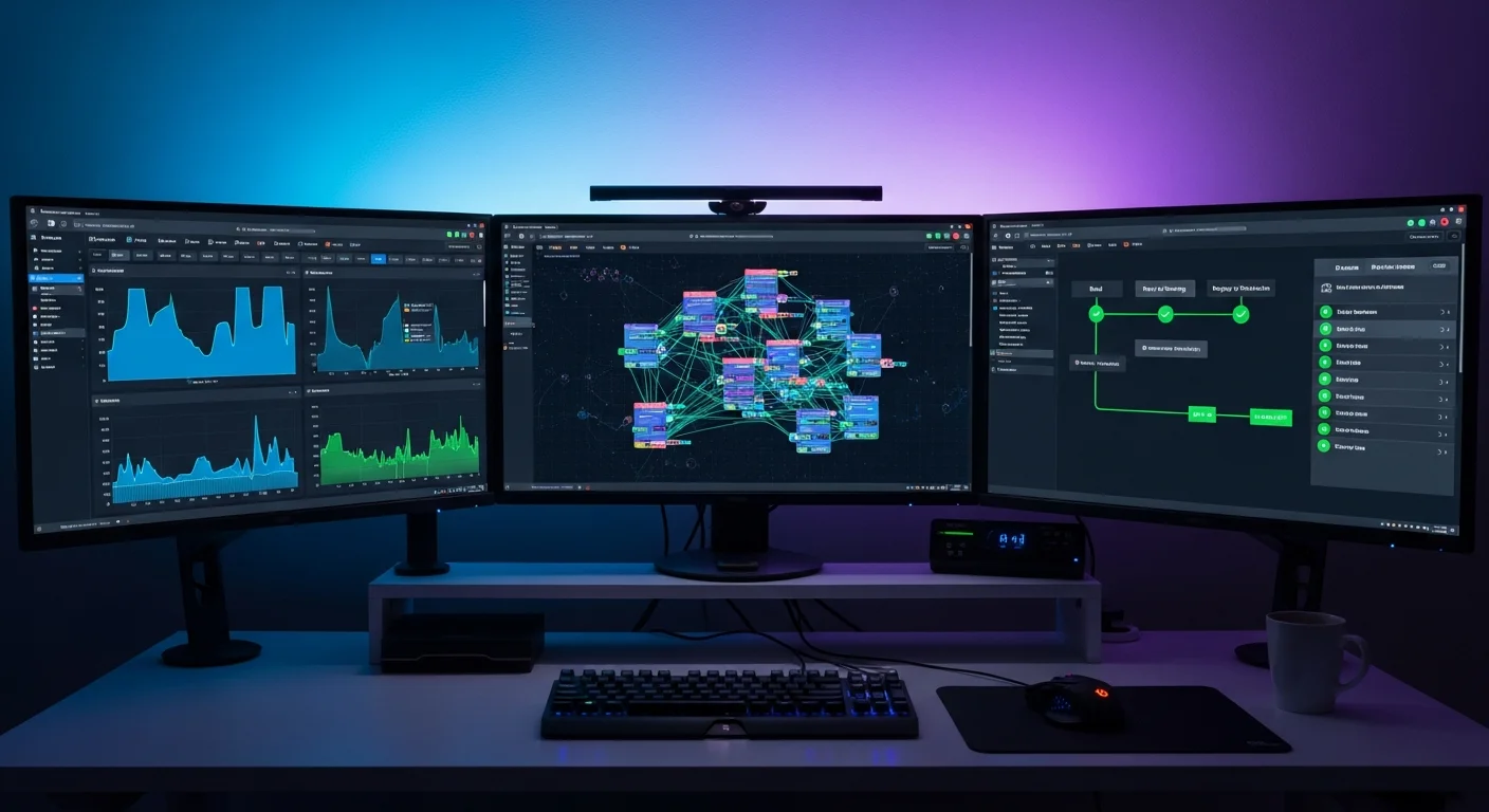 DevOps engineer workstation showing container dashboards and Kubernetes cluster visualization