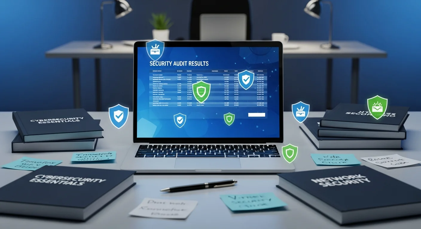 Cybersecurity certification and professional training workspace with security audit results displayed