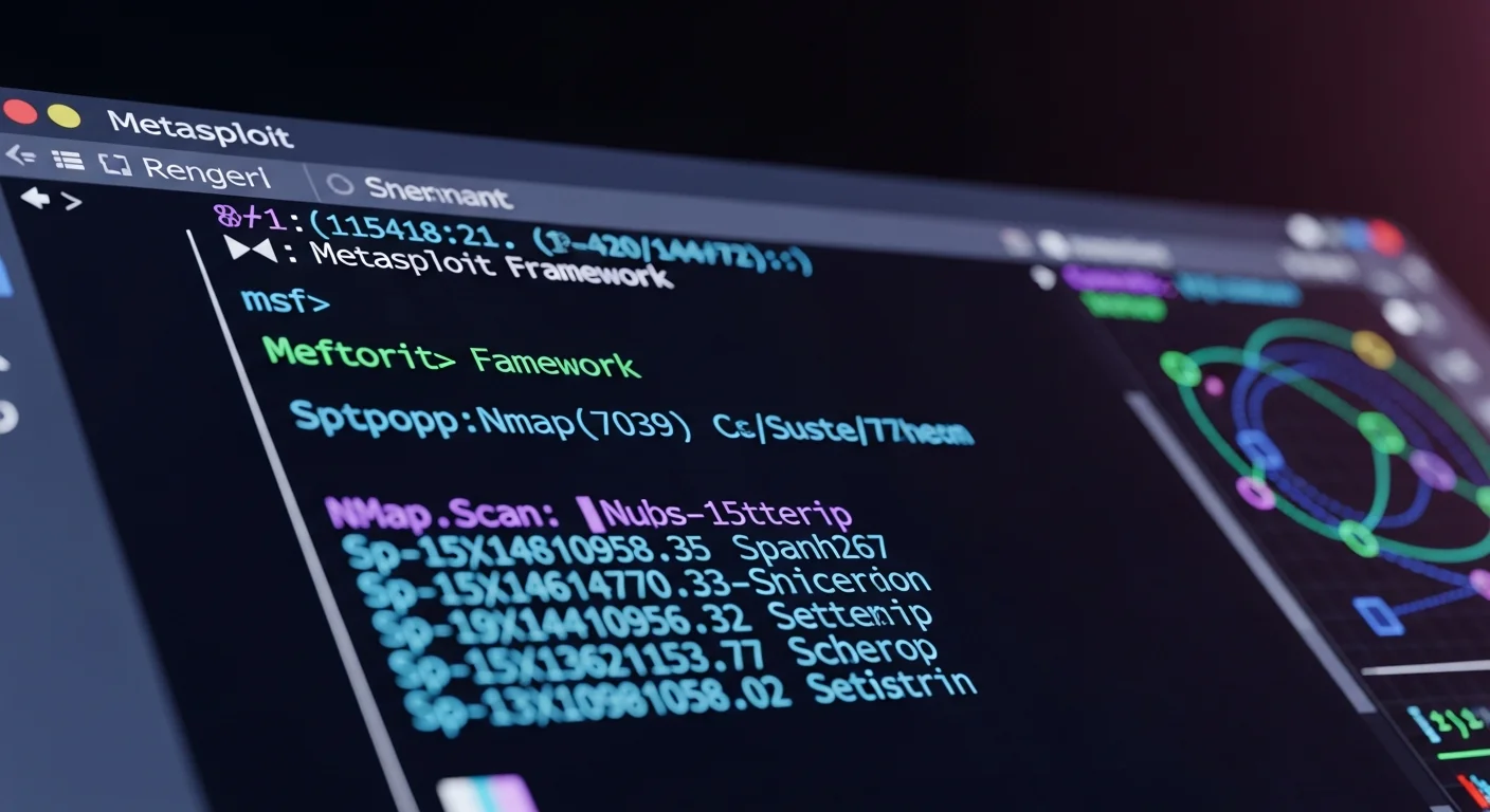 Kali Linux penetration testing interface showing Metasploit and Nmap security scanning tools