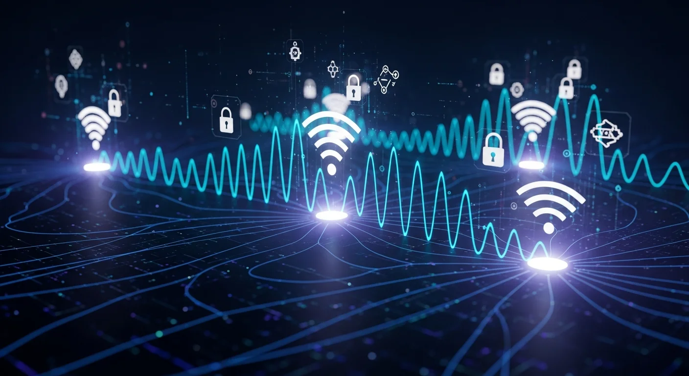 Wireless network security analysis showing WiFi signal interception and encryption visualization