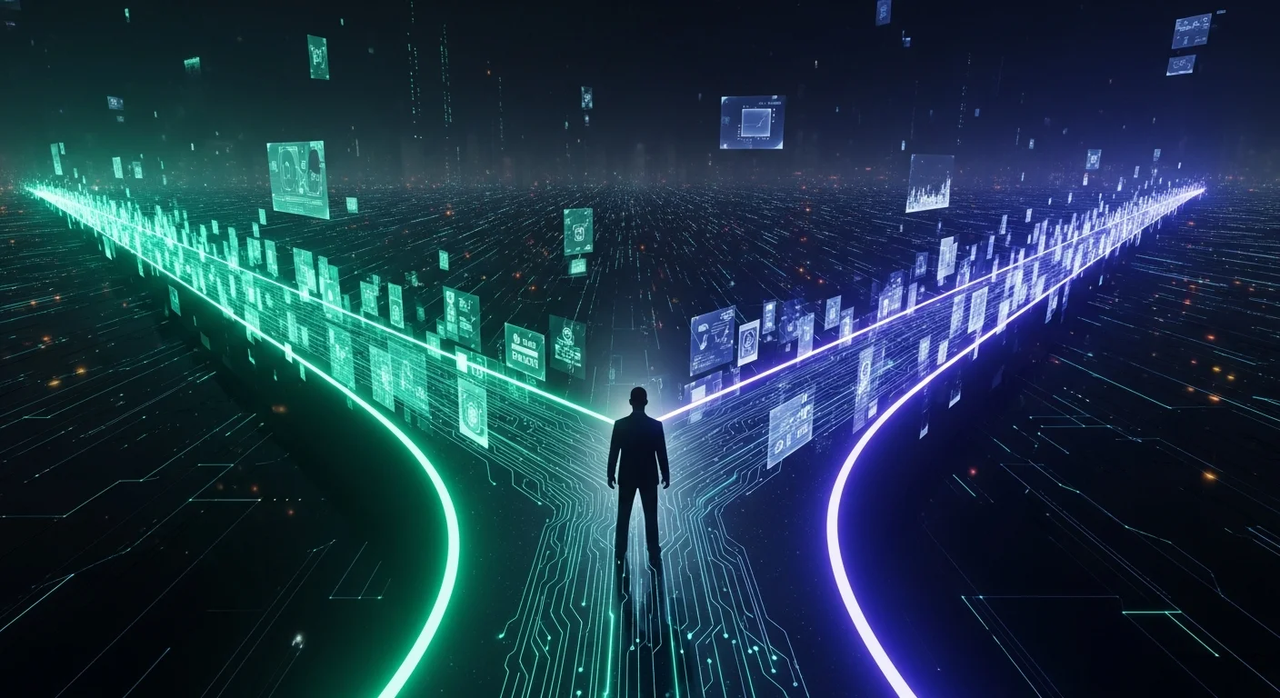 IT professional choosing between two security paths representing Parrot OS and Kali Linux