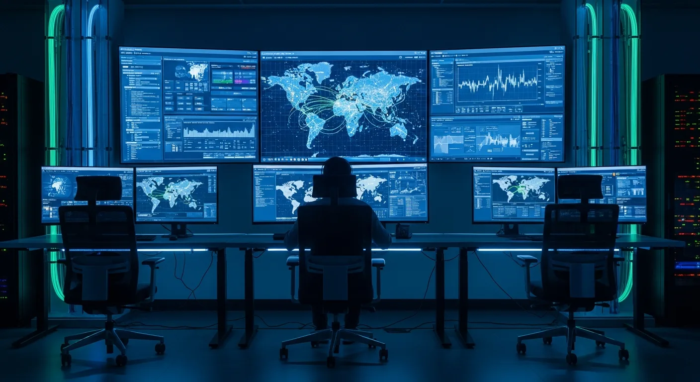 Network security monitoring command center with traffic analysis dashboards